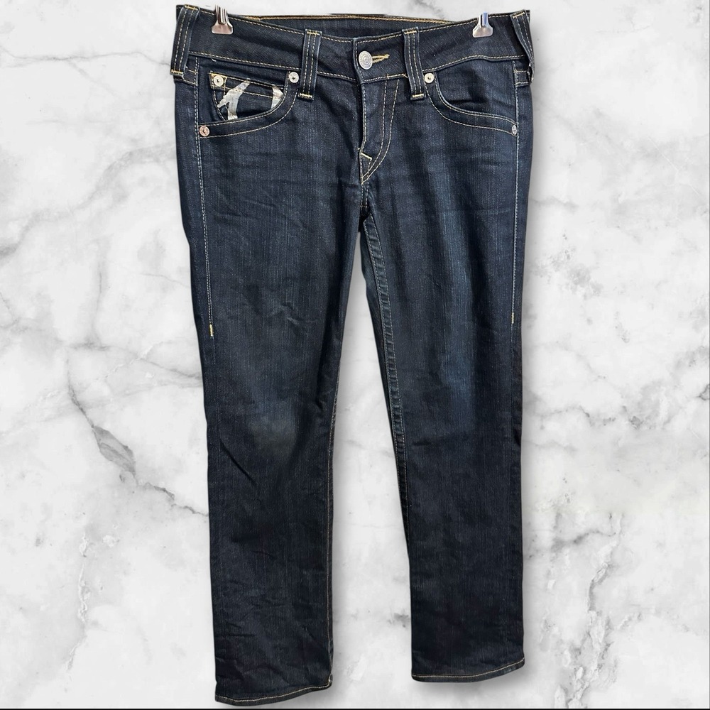 True Religion Women's Billy Straight Leg Flap Pockets Dark Wash Jeans 30 34X32 - Picture 1 of 7
